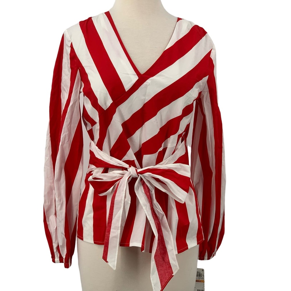 Inc International Concepts LS Pullover V-Neck Top Red/White Giant Stripe Tie S